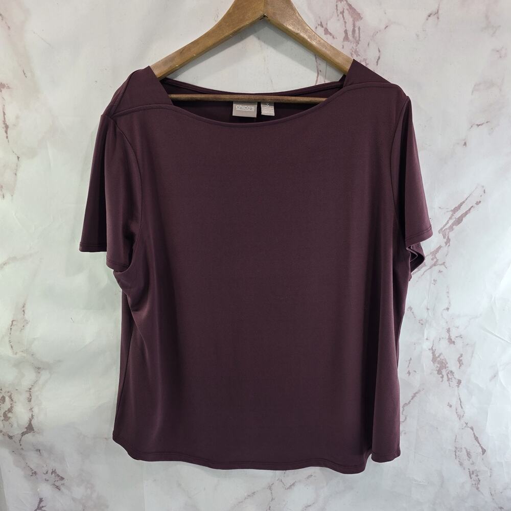 Chicos Shirt Womens 3 XL Red Maroon Short Sleeve Blouse Liquid Knit